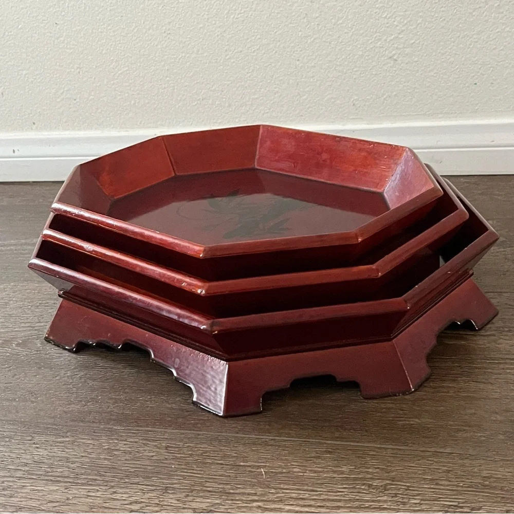 Red Lacquered Octagonal Decorative Tray Set